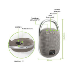 Głośnik Bluetooth 5.3, 5W, TWS, LED, USB MicroSD MP3, szary