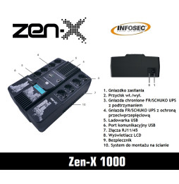 Zasilacz awaryjny UPS Infosec Zen-X 1000, 1000VA, 600W