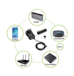Zasilacz 230V uniwersalny 27W/2.25A 3-12V 6 wtyków DC i USB